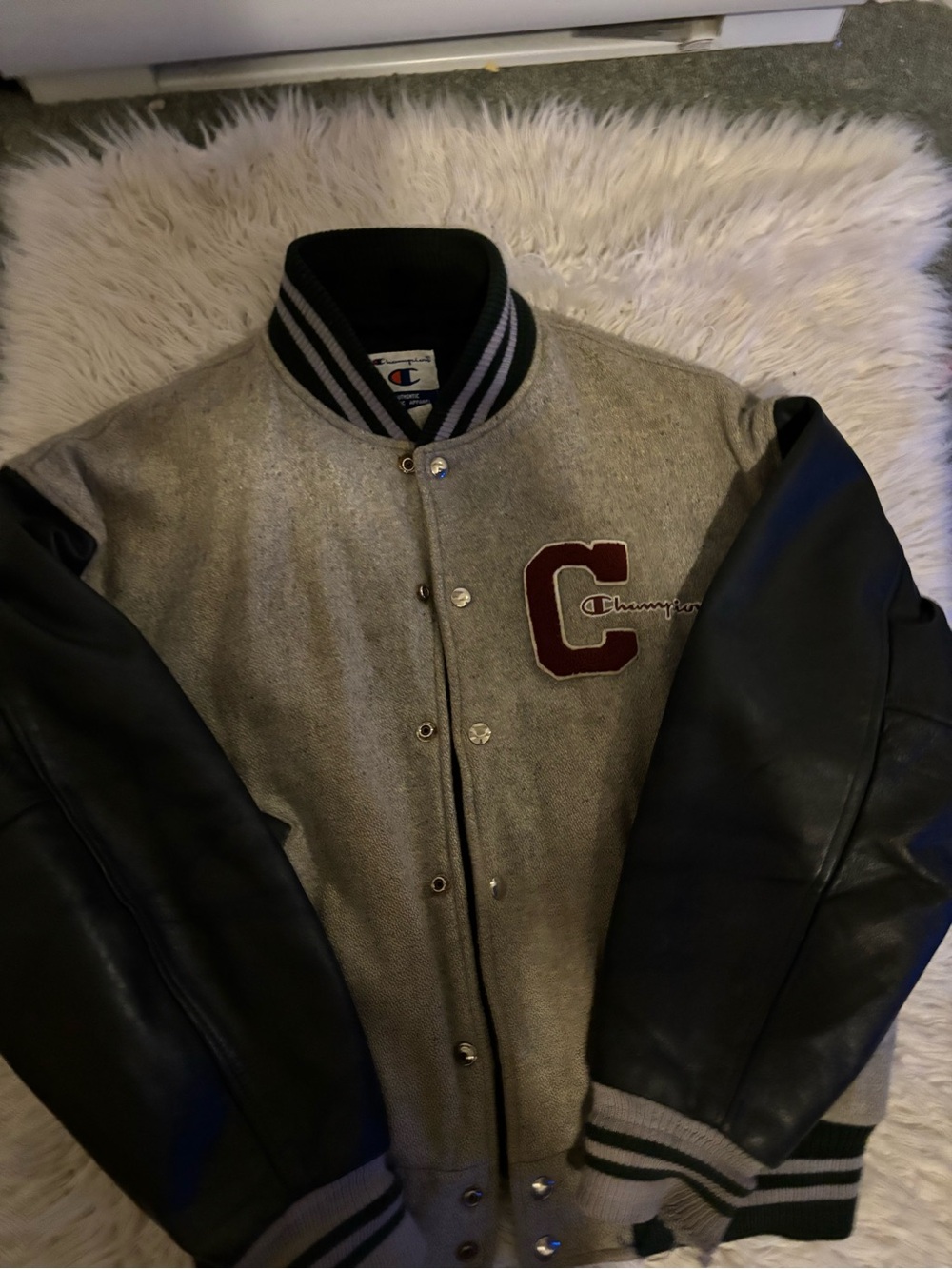 Champion Gray Wool & Black Leather Varsity Jacket with Maroon 'C' Patch